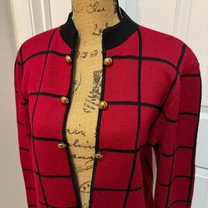 Vintage Red & Black Cardigan with Gold Buttons